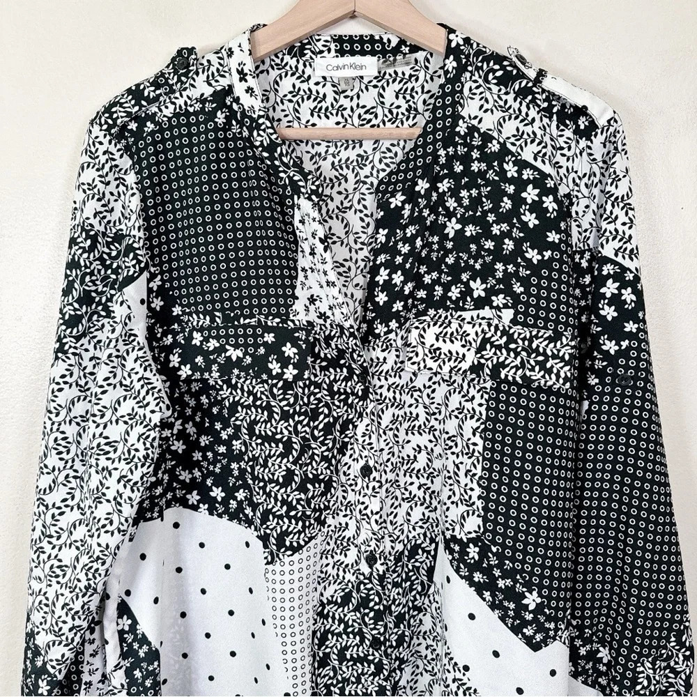 Calvin Klein Womens Size Xlarge Patchwork Print Over Button Relaxed Shirt - Picture 2 of 13